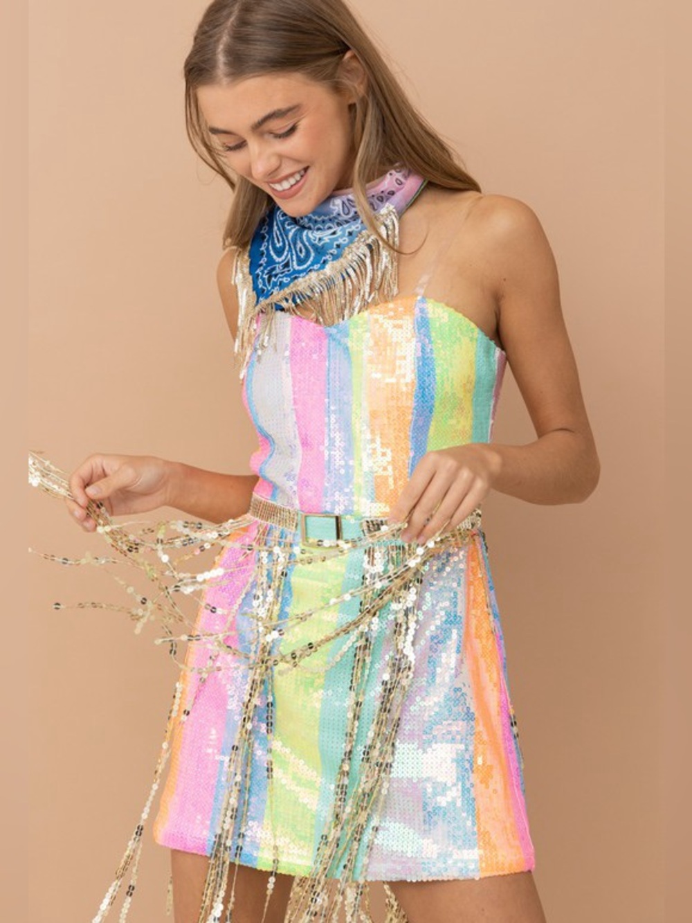 Multicolor fringe sequin tassel bandana boho shimmer western cowgirl dress set